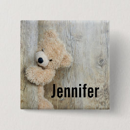 Niedlicher gepolsterter Bär Rustikale Holzwand Button