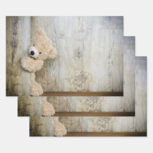 Niedlicher gepolsterter Bär Rustikale Holzwand Geschenkpapier Set