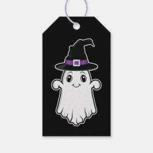 Niedlicher Ghost mit Hexenhut Happy Halloween Blac Geschenkanhänger