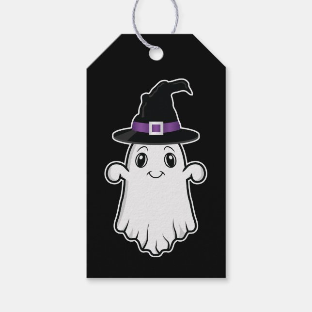 Niedlicher Ghost mit Hexenhut Happy Halloween Blac Geschenkanhänger (Vorderseite)