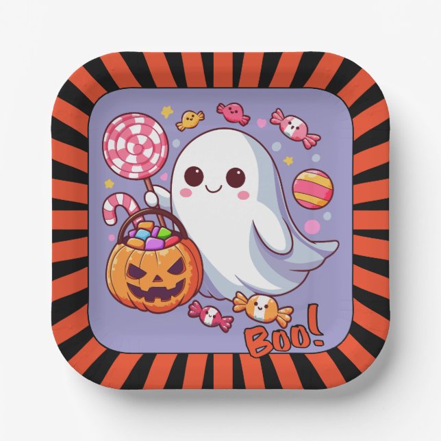 Niedlicher Ghost, Pumpkins und Candy Pappteller (Vorderseite)