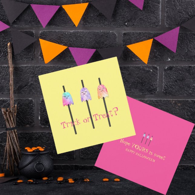 Niedlicher Ghosts-Trick oder Behandlung von benutz Karte (Halloween Custom Text Yellow Hot Pink Flat Greeting Card)