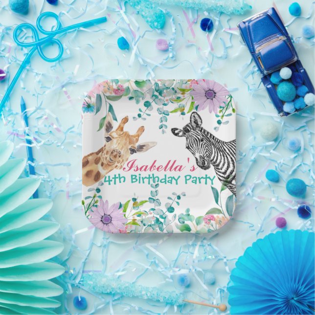 niedlicher Giraffe Zootieren Dschungel Floral Gebu Pappteller (Party)