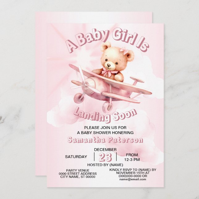 Niedlicher Girl Baby Bear Pilot Rosa Flugzeug Schö Einladung (Vorne/Hinten)