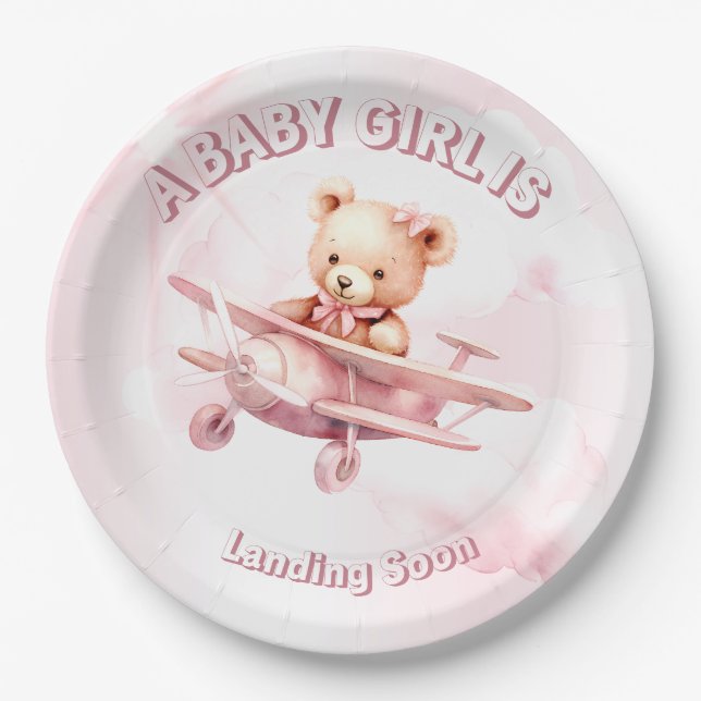 Niedlicher Girl Baby Bear Pilot Rosa Flugzeug Schö Pappteller (Vorderseite)