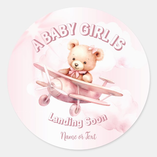 Niedlicher Girl Baby Bear Pilot Rosa Flugzeug Schö Runder Aufkleber (Vorderseite)