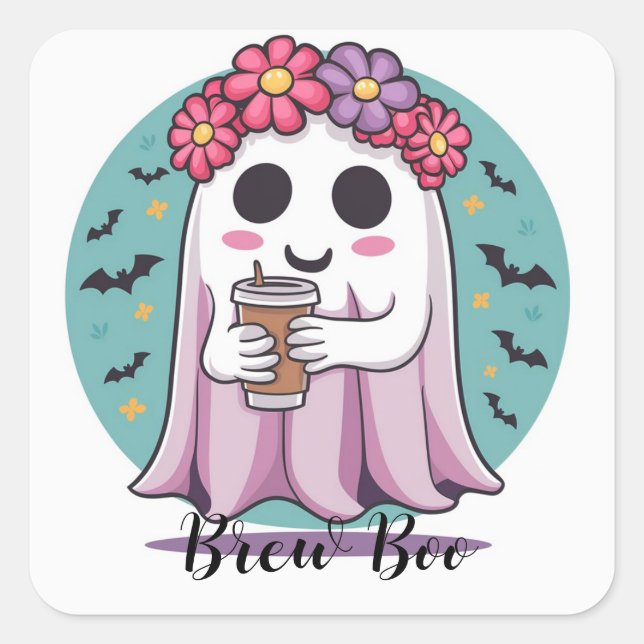 Niedlicher Girl Ghost-Kaffee rosa Custom-Aufkleber Quadratischer Aufkleber (Vorderseite)