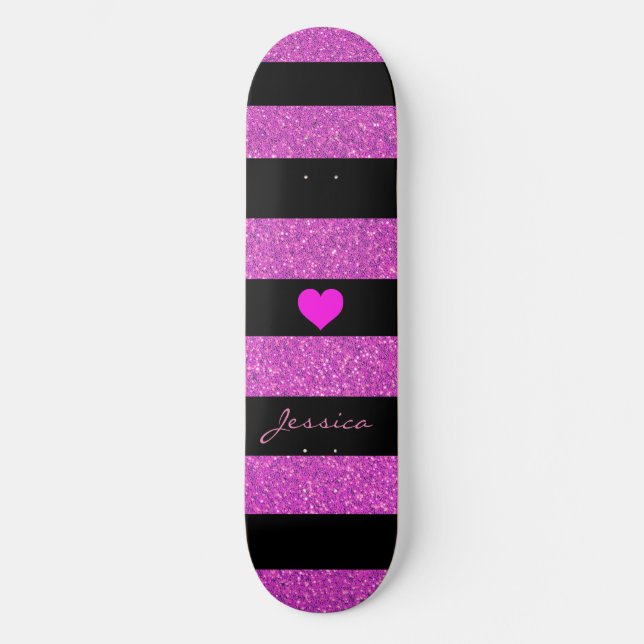 Niedlicher Girl-Glitzer Pink Black Stripes Individ Skateboard (Vorderseite)