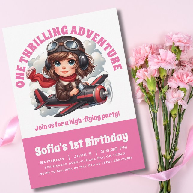 Niedlicher Girl-Pilot fliegt Flugzeug, Girly Pink  Einladung (Von Creator hochgeladen)