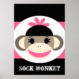 Niedlicher Girl Sock Monkey Black Pink Stripes Pos Poster
