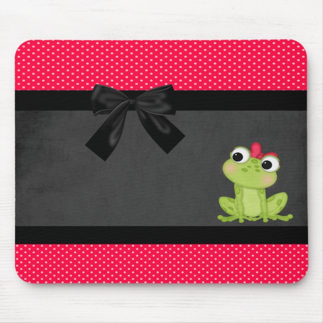 Niedlicher Girly Frog auf Red Polka Docks - Schwar Mousepad (Vorne)