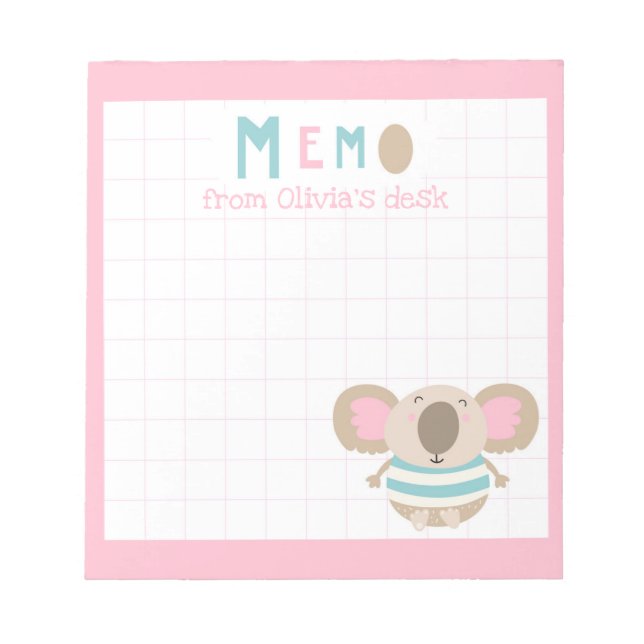 Niedlicher Girly-Pink-Rahmen Koala von der Rezepti Notizblock (Vorderseite)