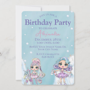 Niedlicher Glitzer Dolls Girl's Winter Geburtstag Einladung