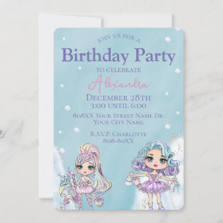 Niedlicher Glitzer Dolls Girl's Winter Geburtstag Einladung