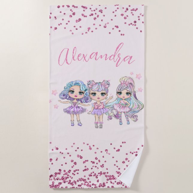 Niedlicher Glitzer Dolls Mädchenname auf Rosa Strandtuch (Vorderseite)