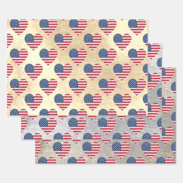 Niedlicher Glitzer Hearts Patriotic American USA F Geschenkpapier Set (Set)