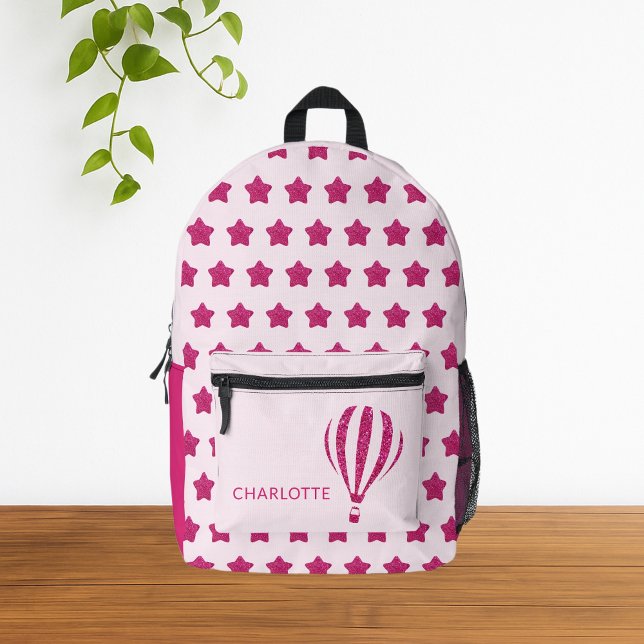 Niedlicher Glitzer Heiß rosa Zurück zur Schule Bedruckter Rucksack (Cute Glitter Pink Stars and Hot Balloon Girly Backpack (Front))