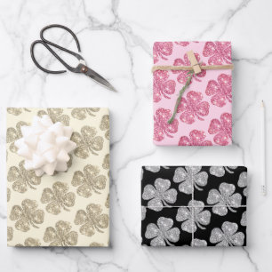 Niedlicher Glitzer Lucky Clover Pink Black Beige Geschenkpapier Set
