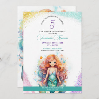 Niedlicher Glitzer Mermaid 5. Geburtstag Einladung