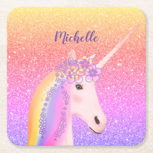 Niedlicher Glitzer Rainbow Unicorage Personalisier Rechteckiger Pappuntersetzer
