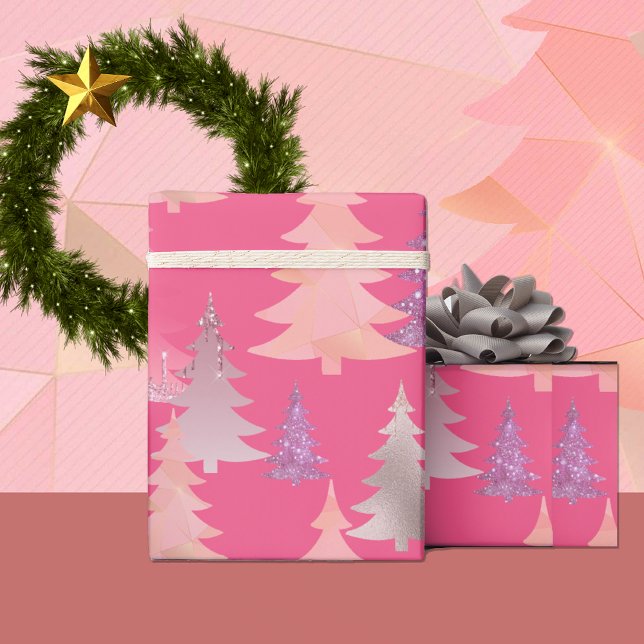 Niedlicher Glitzer Rosa Weihnachtsbaummuster Geschenkpapier (Von Creator hochgeladen)