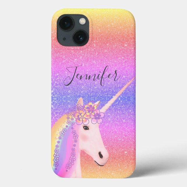 Niedlicher Glitzer Unicorn Regenbogen Kinder Perso Case-Mate iPhone Hülle (Rückseite)