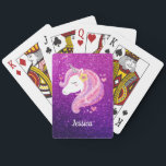 Niedlicher Glitzer Unicorn Spielkarten<br><div class="desc">Niedlich rosa und lila Glitzer verzieren die Spielkarten. Macht einem Mädchen so ein lustiges Geschenk. Personalisieren Sie es mit dem Namen Ihres Mädchens. Entworfen für Sie von BlackBerry Boulevard.</div>