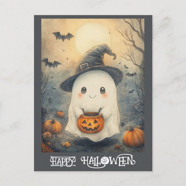 Niedlicher glücklicher Halloween Ghost Trick oder  Postkarte (Vorderseite)