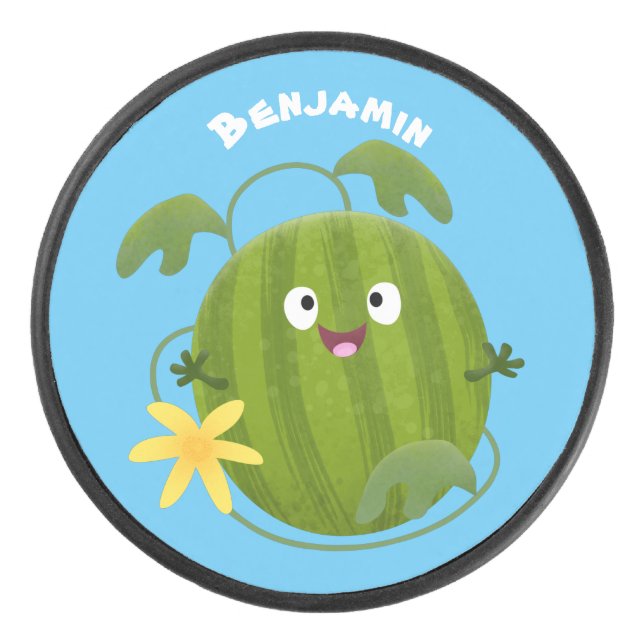 Niedlicher, glücklicher Wassermelone-Cartoon Eishockey Puck (Vorderseite)