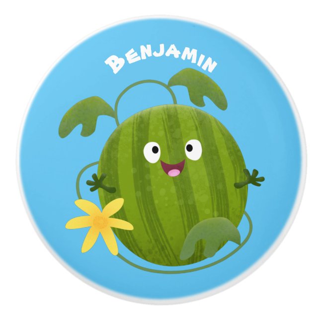 Niedlicher, glücklicher Wassermelone-Cartoon Keramikknauf (Vorderseite)