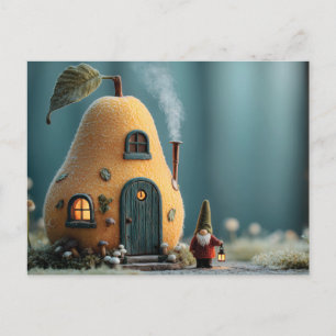Niedlicher Gnom neben einem Biren-Feenhaus Postkarte