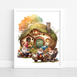 Niedlicher Gnom, Pilz und glückliches Haus Poster