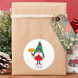 Niedlicher Gnome Holding Platard mit Grüßen Runder Aufkleber