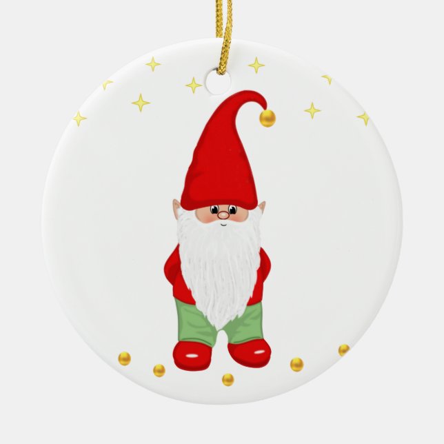Niedlicher Gnome, Sterne und Goldkonfetti auf Weiß Keramik Ornament (Vorne)