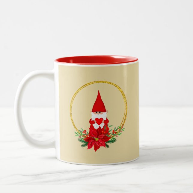 Niedlicher Gnome und Weihnachtskranz auf leicht be Zweifarbige Tasse (Links)