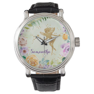 Niedlicher Gold-Glitzer-Fee mit Lila Wilden Blume Armbanduhr