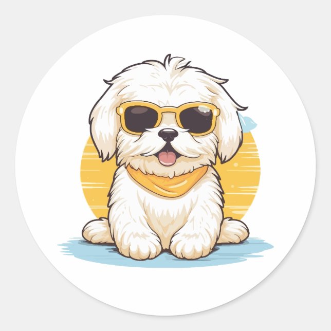 Niedlicher Golden Maltese Hund mit Sonnenbrille Runder Aufkleber (Vorderseite)