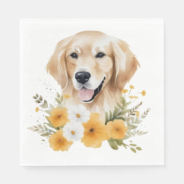 Niedlicher Golden Retriever Floral Watercolor Welp Serviette (Vorderseite)
