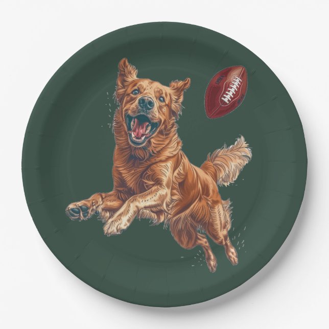 Niedlicher Golden Retriever Hund Fußball spielen Pappteller (Vorderseite)