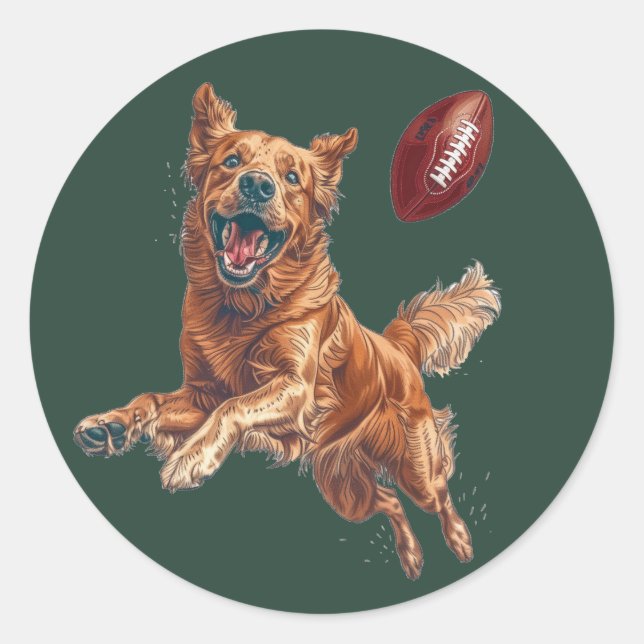 Niedlicher Golden Retriever Hund Fußball spielen Runder Aufkleber (Vorderseite)