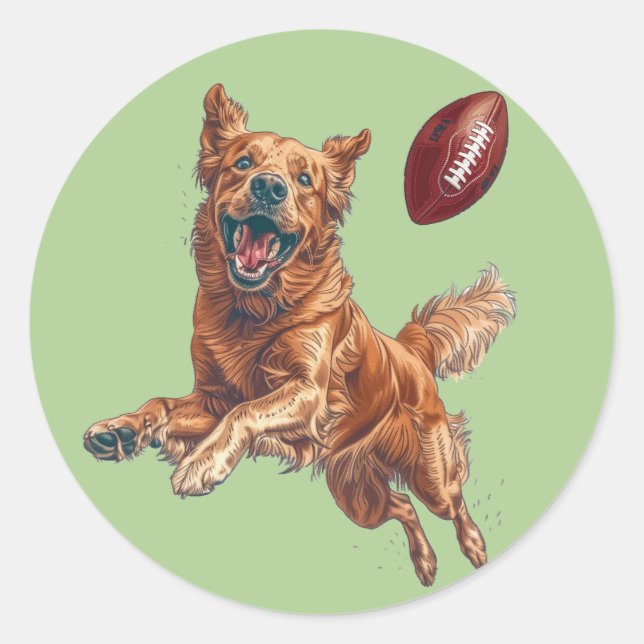 Niedlicher Golden Retriever Hund Fußball spielen Runder Aufkleber (Vorderseite)