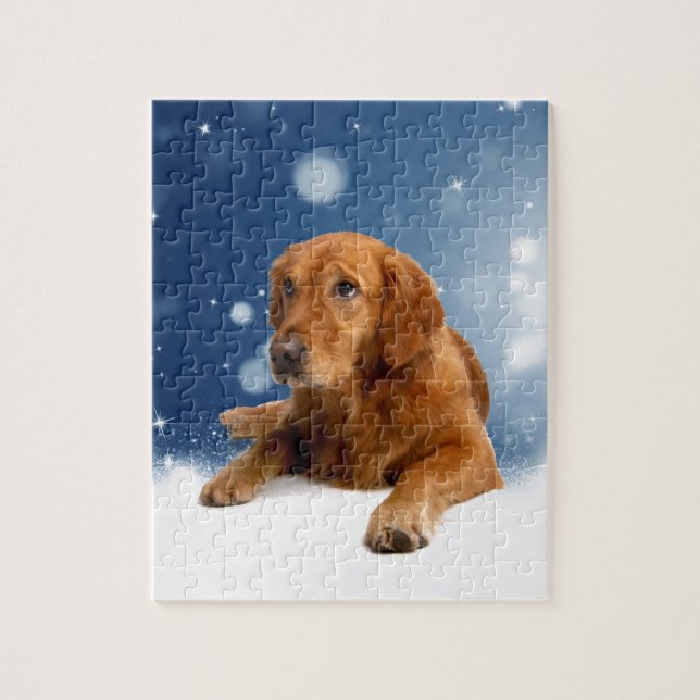 Niedlicher Golden Retriever Hund sitzt in Schneest Puzzle (Vertikal)