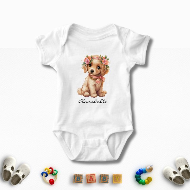 Niedlicher Golden Retriever Puppy Watercolor Indiv Baby Strampler (Golden Retriever Puppy Bodysuit with Custom Name - Adorable Dog Lover Baby Apparel)