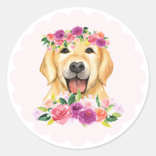 Niedlicher Golden Retriever und Purple Flowers Hun Runder Aufkleber