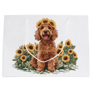 Niedlicher Goldendoodle-Hund mit einer Sonnenblume Große Geschenktüte