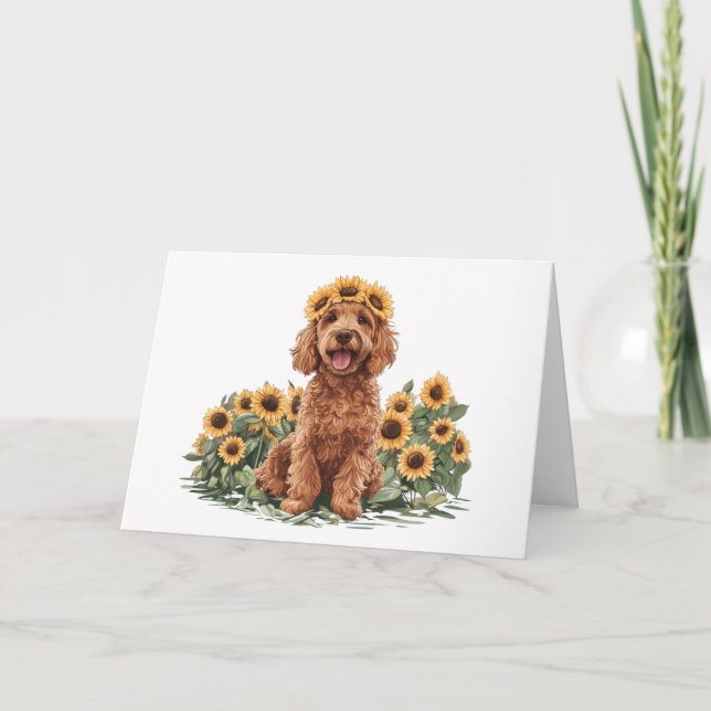 Niedlicher Goldendoodle-Hund mit einer Sonnenblume Karte (Vorderseite)