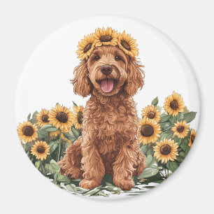 Niedlicher Goldendoodle-Hund mit einer Sonnenblume Magnet