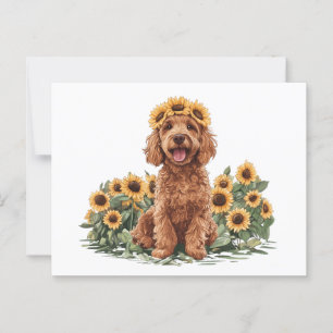 Niedlicher Goldendoodle-Hund mit einer Sonnenblume Postkarte