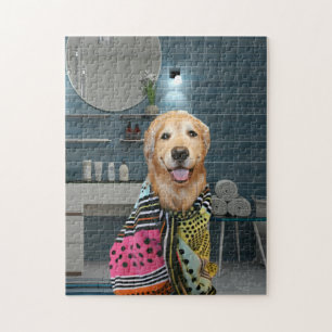 Niedlicher goldener Retriever-Hund im Badezimmer Puzzle