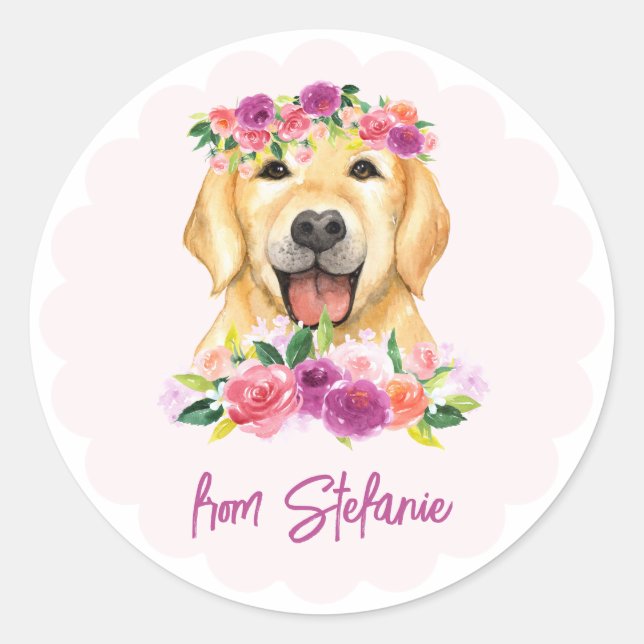 Niedlicher Goldener Retriever und violette Blumen  Runder Aufkleber (Vorderseite)